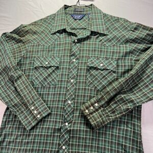 True Vintage Pearl Snap Shirt Men Large Green Plaid Long Sleeve Western VIP 70s